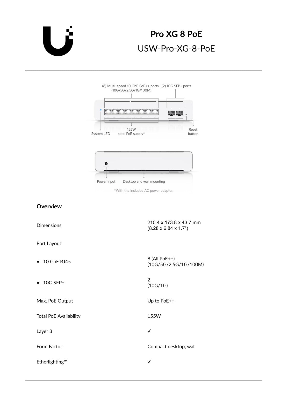 Ubiquiti UniFi Pro XG Switch 8 x 10Gbps PoE++ 2SFP+ 155W