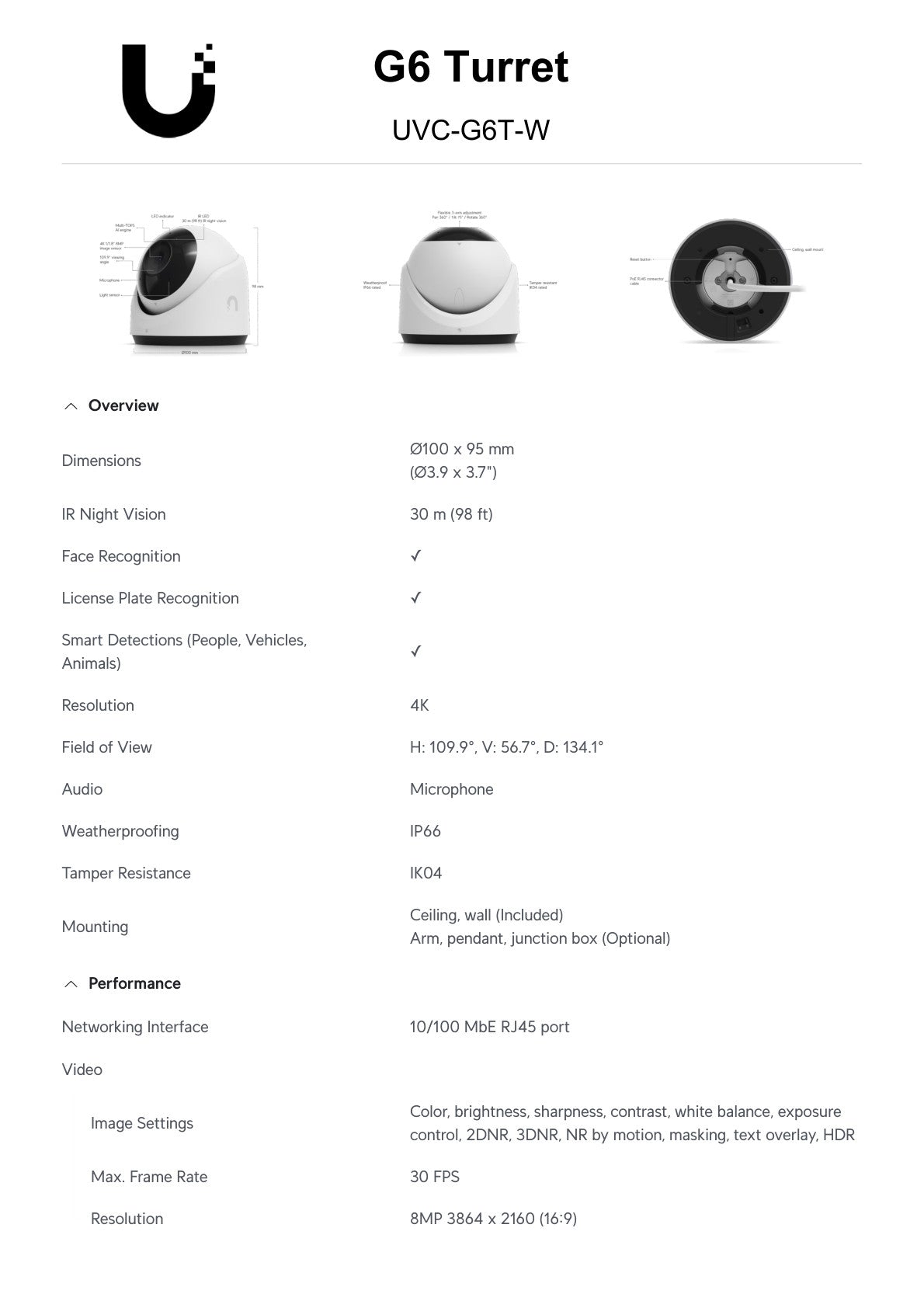 Ubiquiti UniFi Protect G6 Turret White 8MP IP Camera