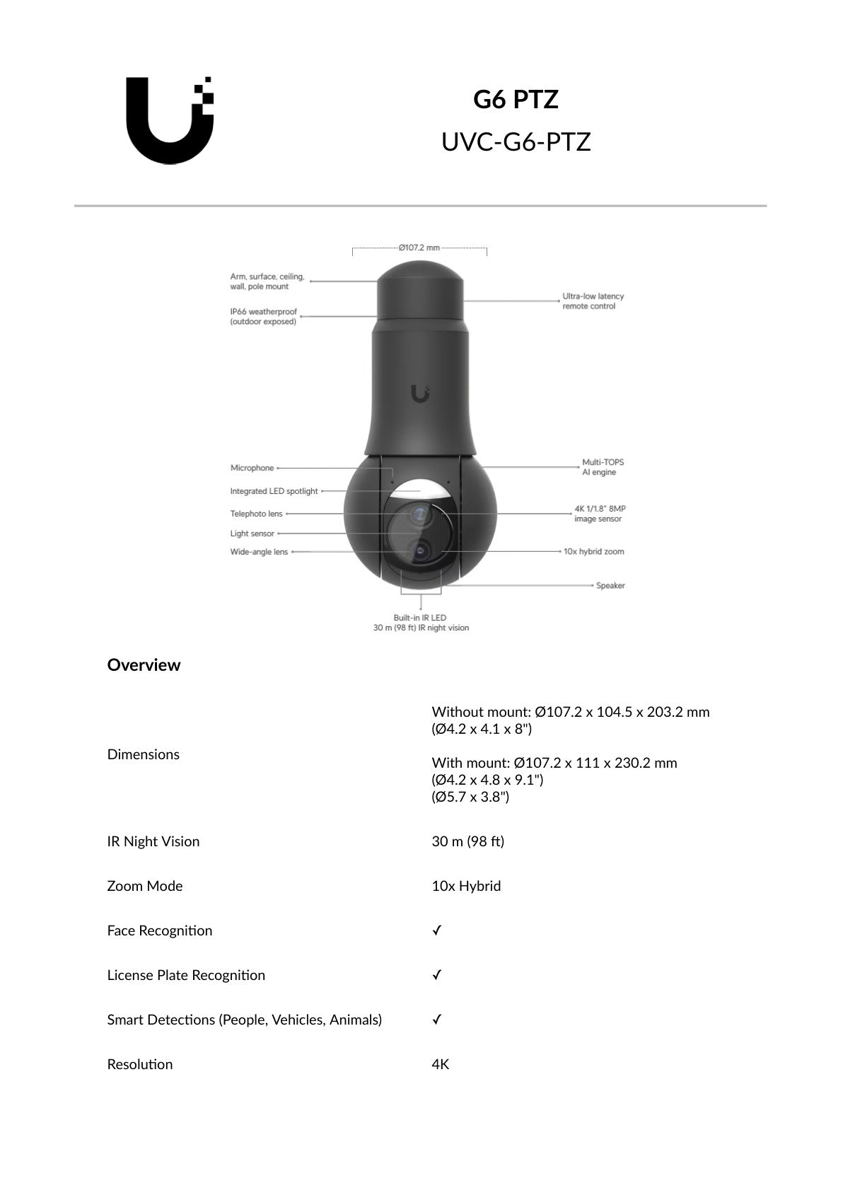 Ubiquiti UniFi Protect G6 PTZ 8MP Black IP Camera