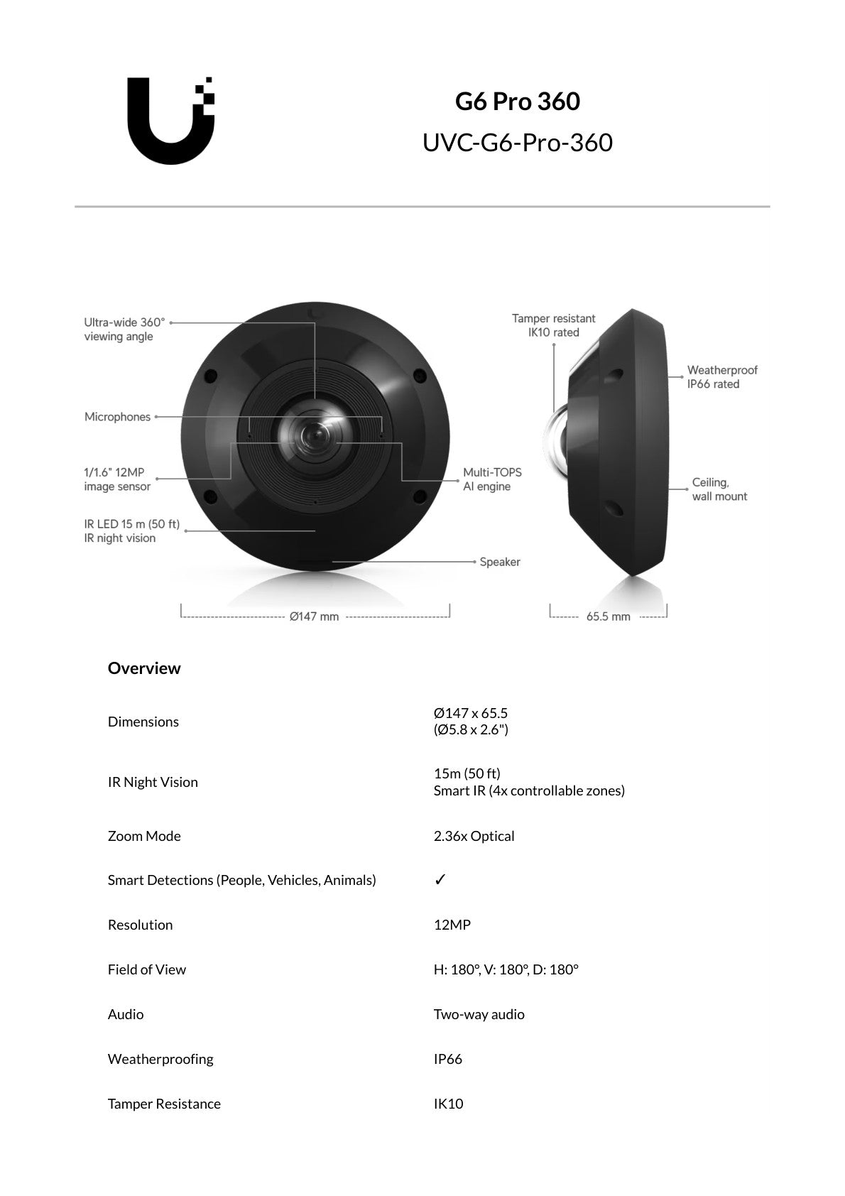Ubiquiti UniFi Protect G6 Pro 360 12MP Black IP Camera