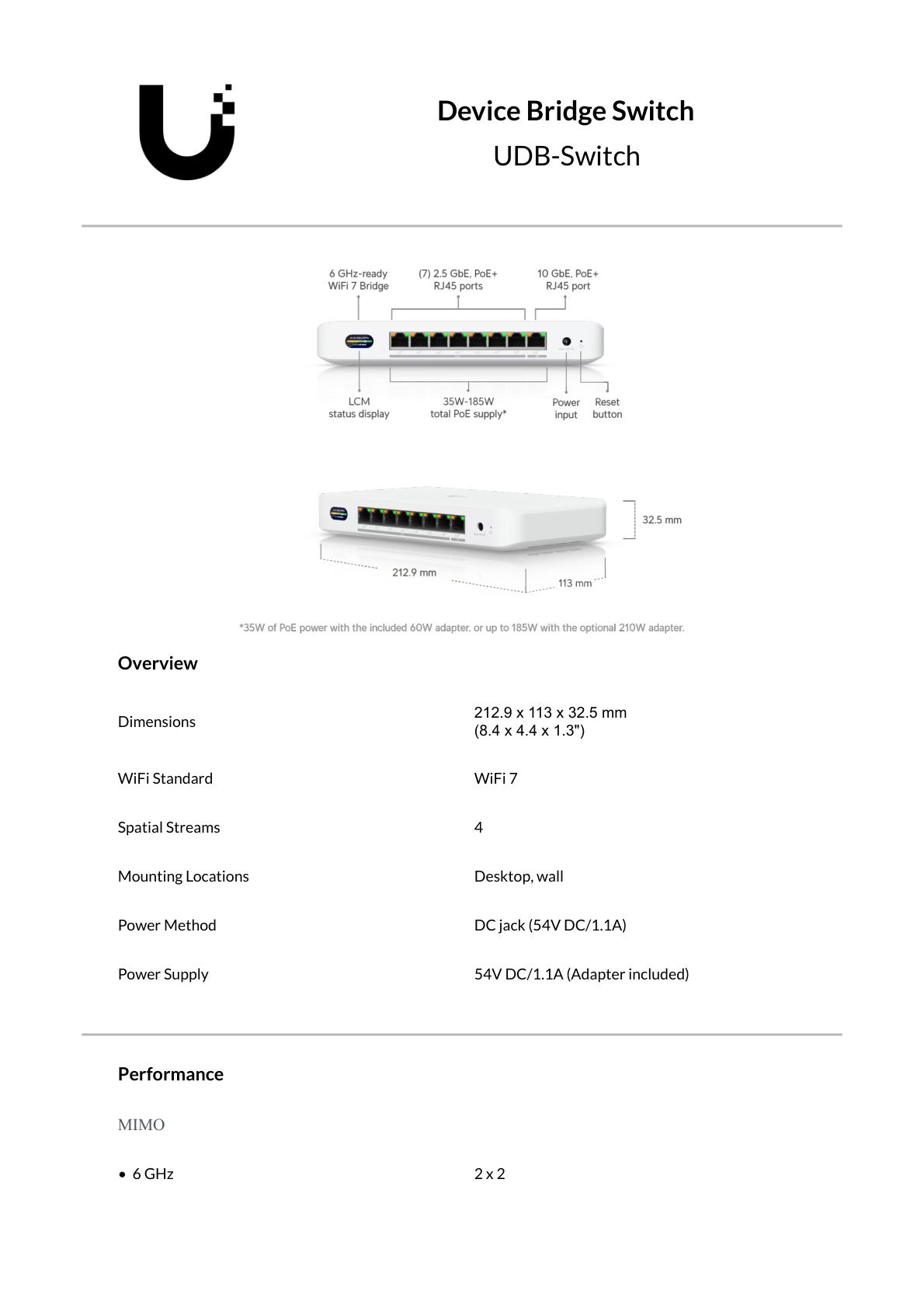 Ubiquiti UniFi Device Bridge WiFi 7 Switch 35W 7x 2.5G PoE 1x 10G PoE