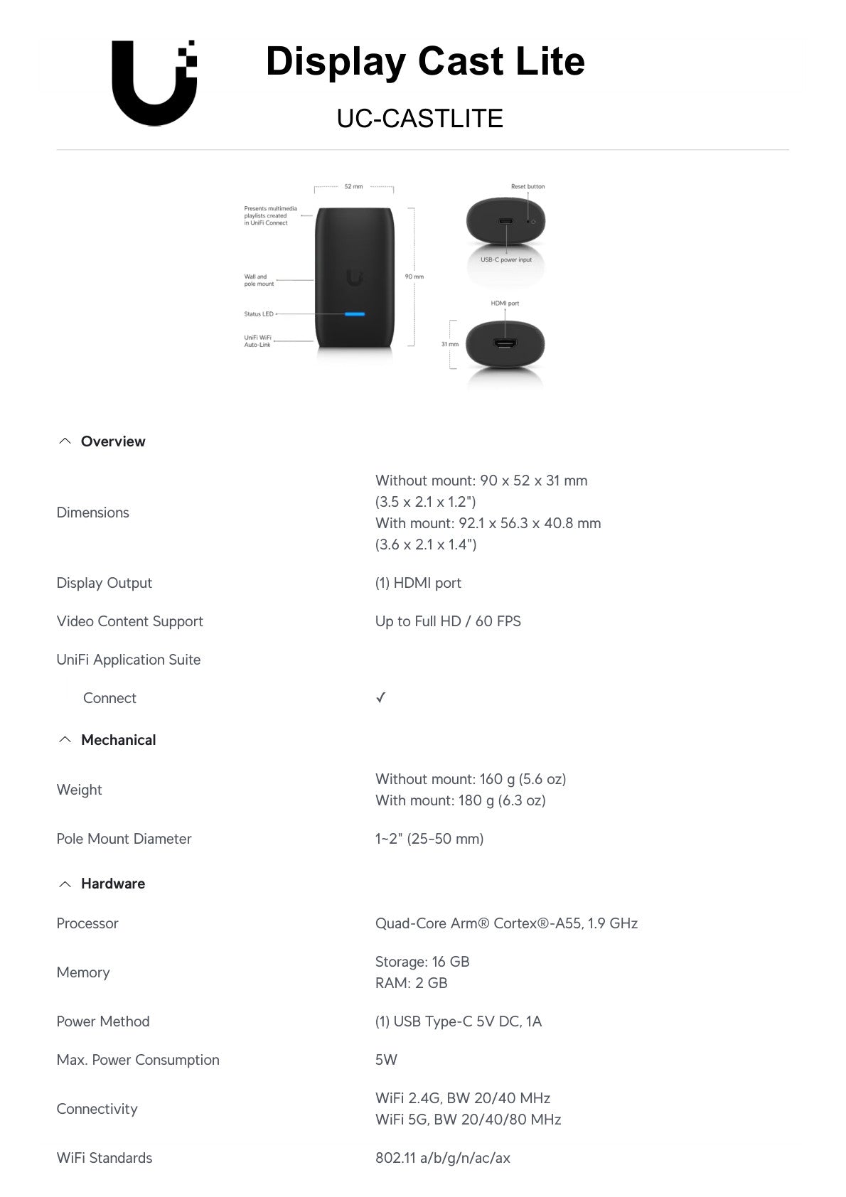 Ubiquiti UniFi Dual Band WiFi 6 HDMI Display Cast Lite