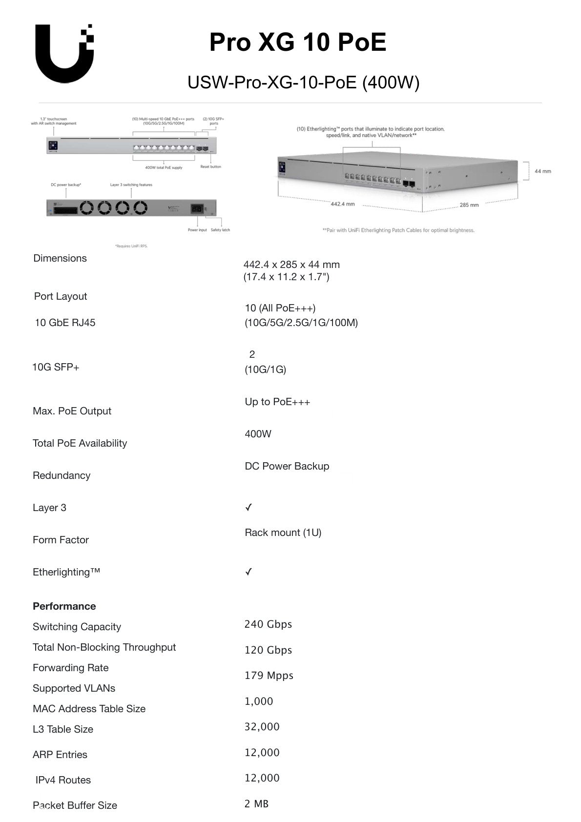 Ubiquiti UniFi Pro XG Switch 10 x 10Gbps PoE+++ 2SFP+ 400W