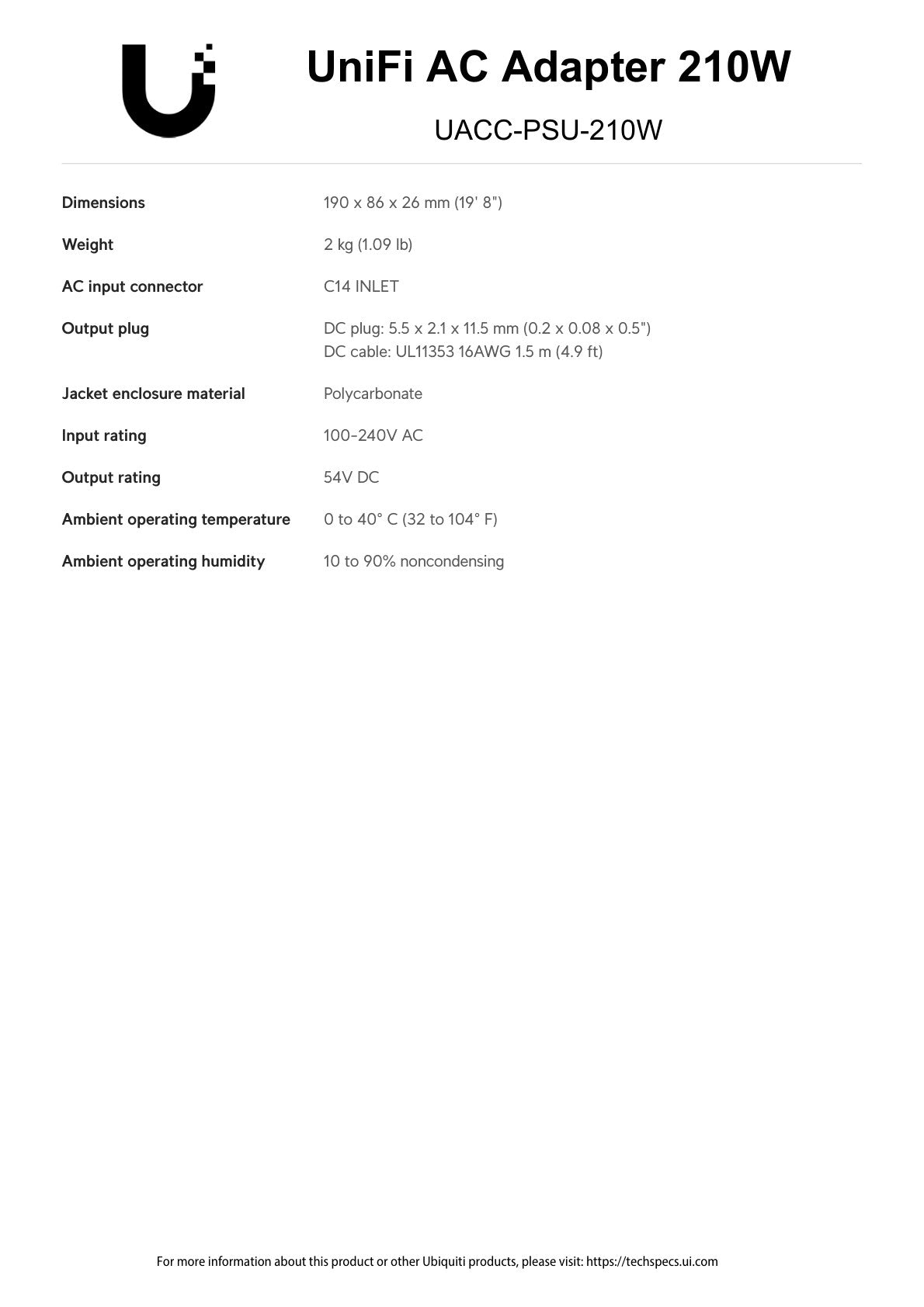 Ubiquiti 54V 210W AC Power Supply