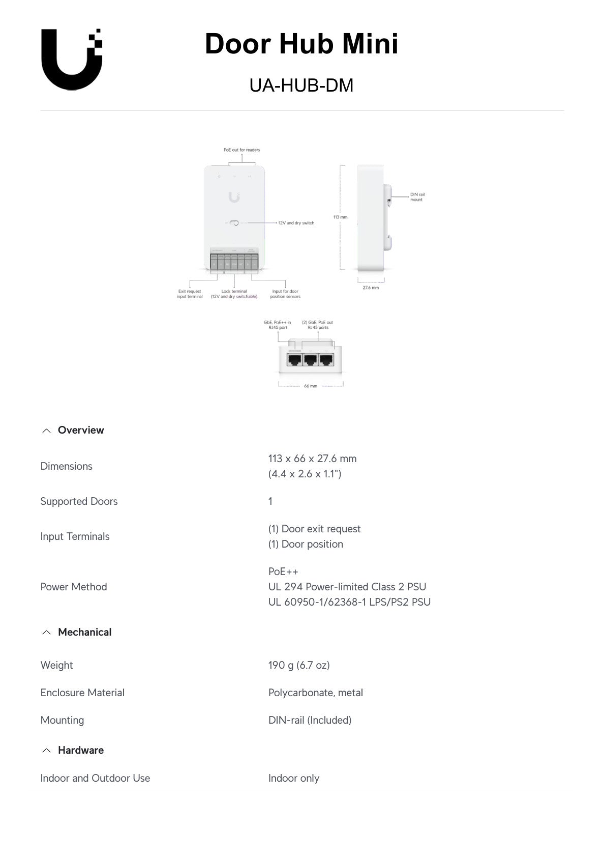 Ubiquiti UniFi Access Door Hub Mini 2x Input, 1x Relay
