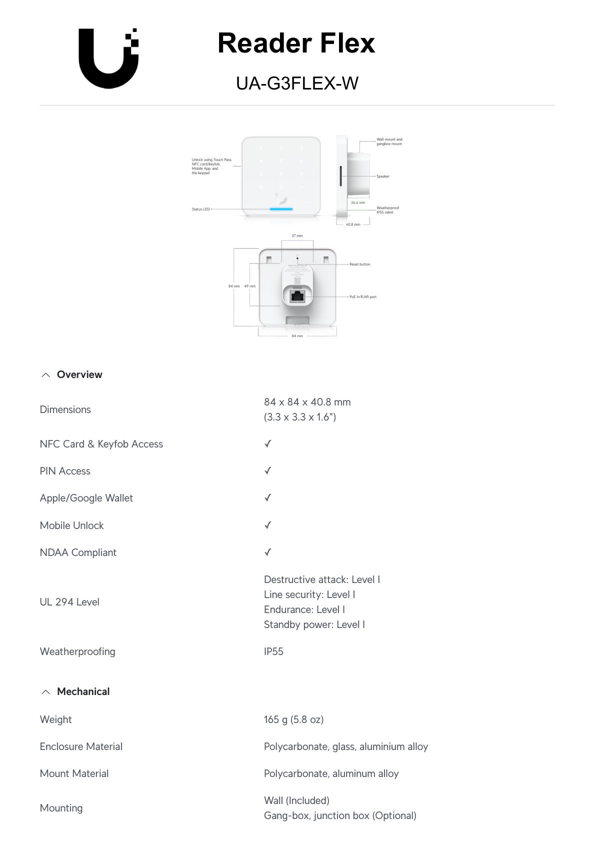Ubiquiti UniFi Access Reader Flex White