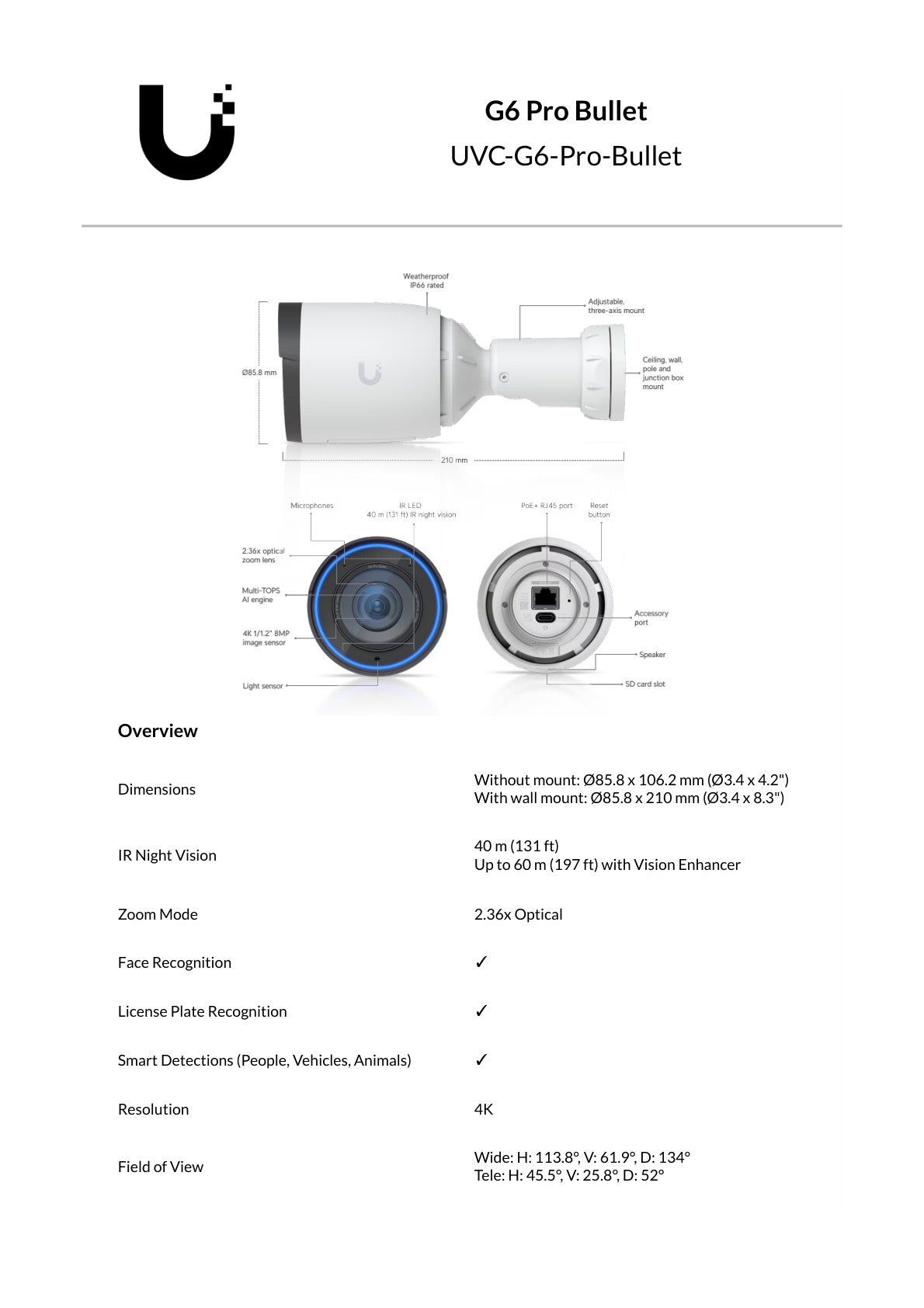 Ubiquiti UniFi Protect G6 Pro Bullet 8MP White IP Camera