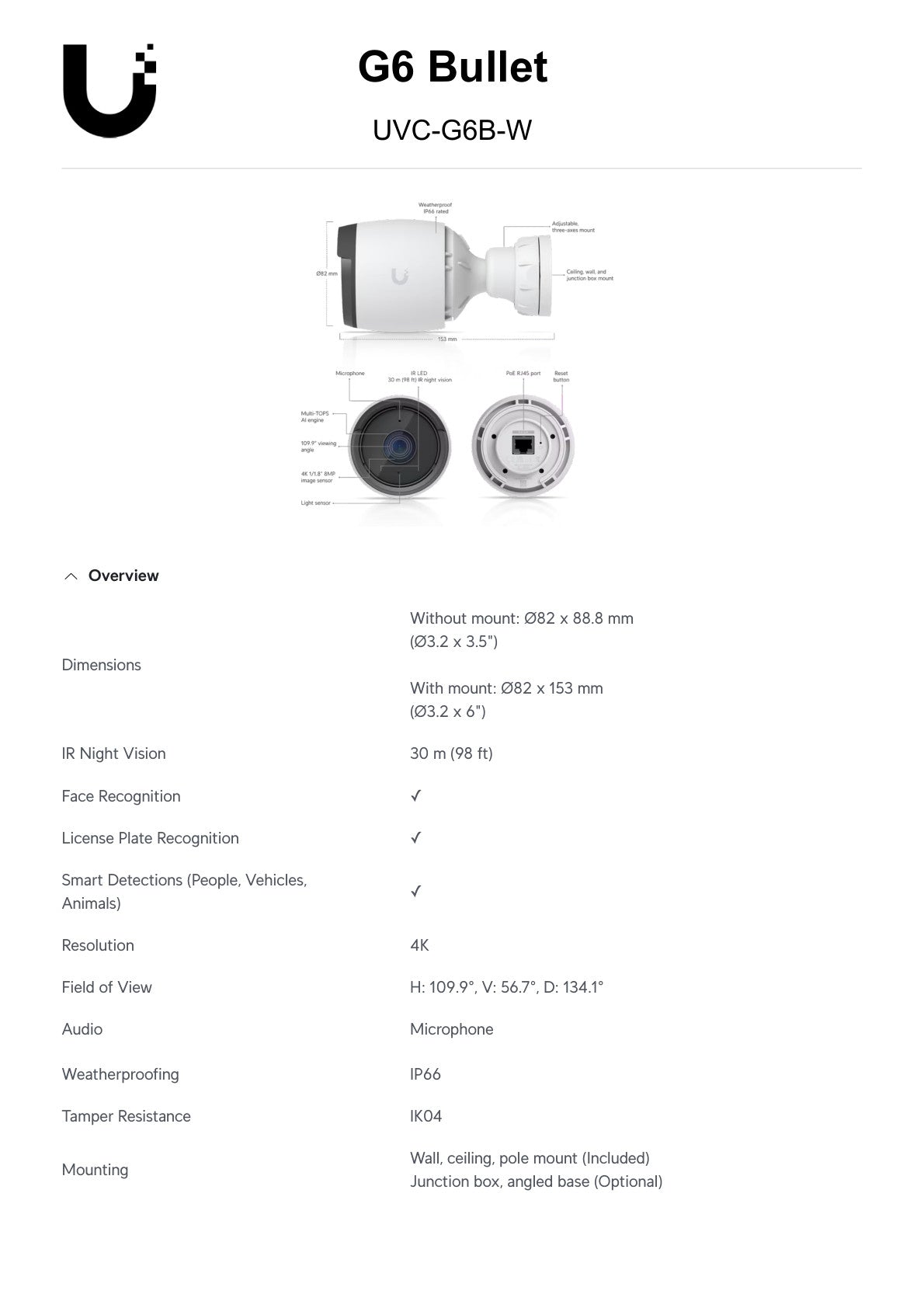 Ubiquiti UniFi Protect G6 Bullet 8MP White IP Camera