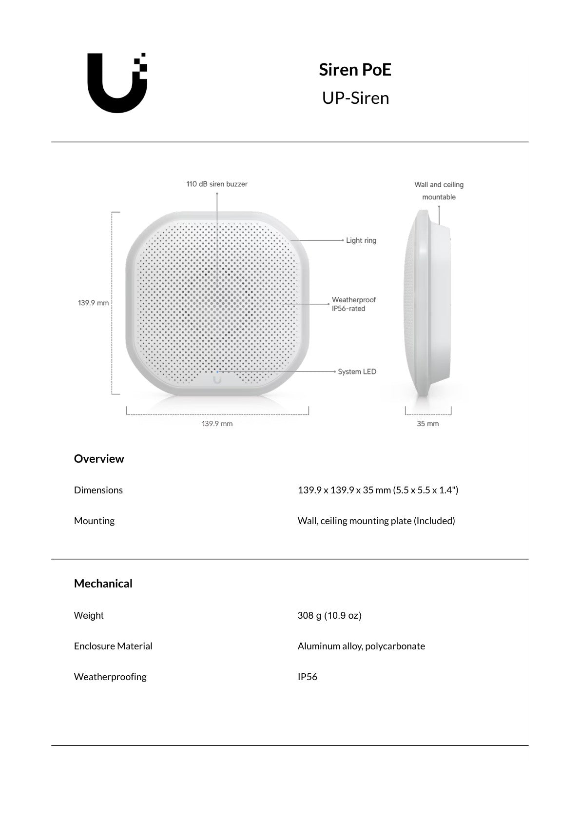 Ubiquiti UniFi Protect 110dB PoE Siren