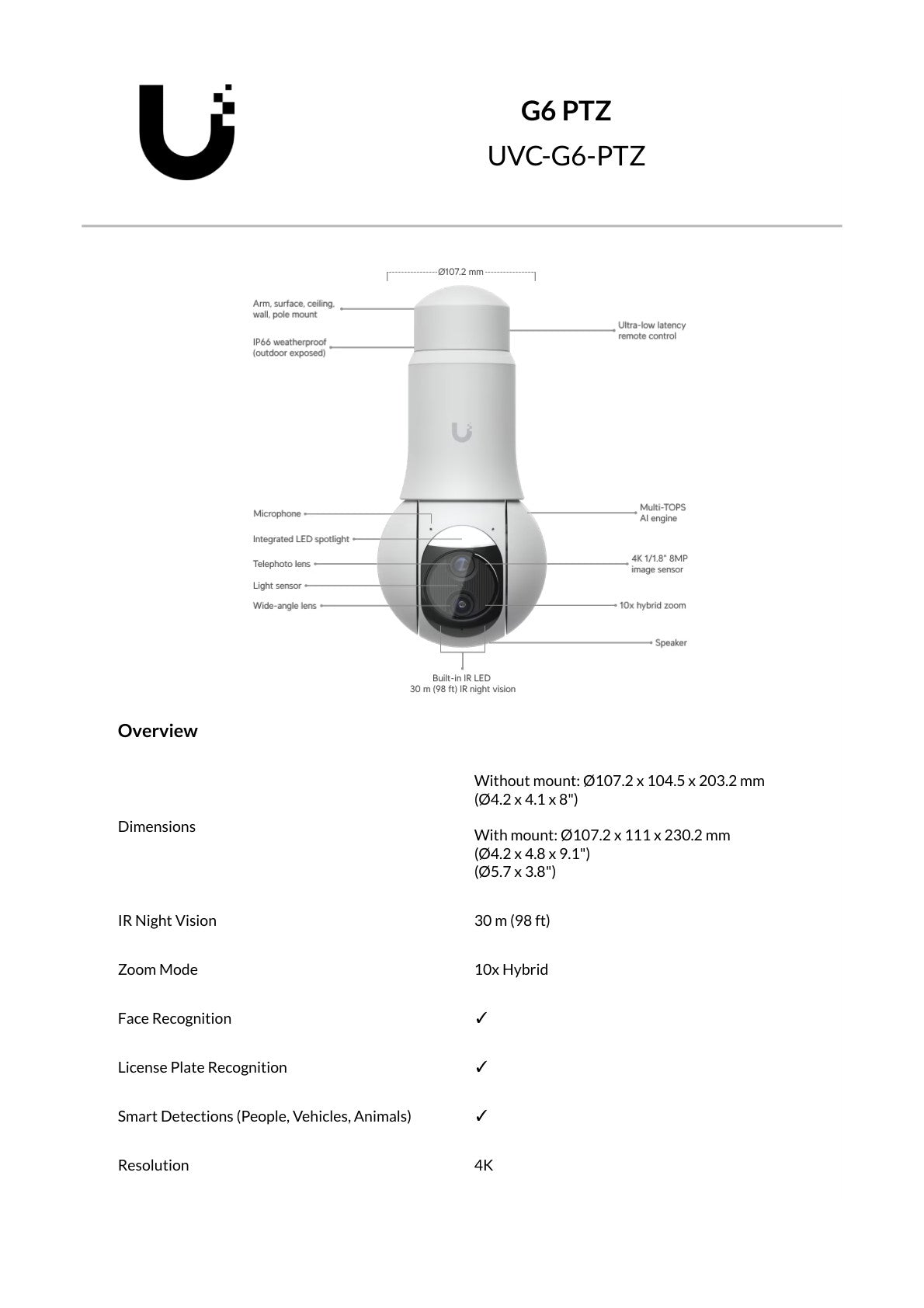 Ubiquiti UniFi Protect G6 PTZ 8MP White IP Camera