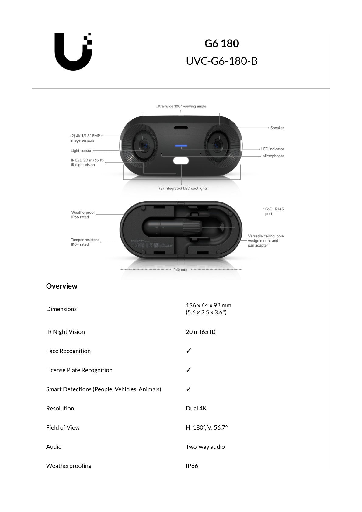 Ubiquiti UniFi Protect G6 180 16MP Black IP Camera