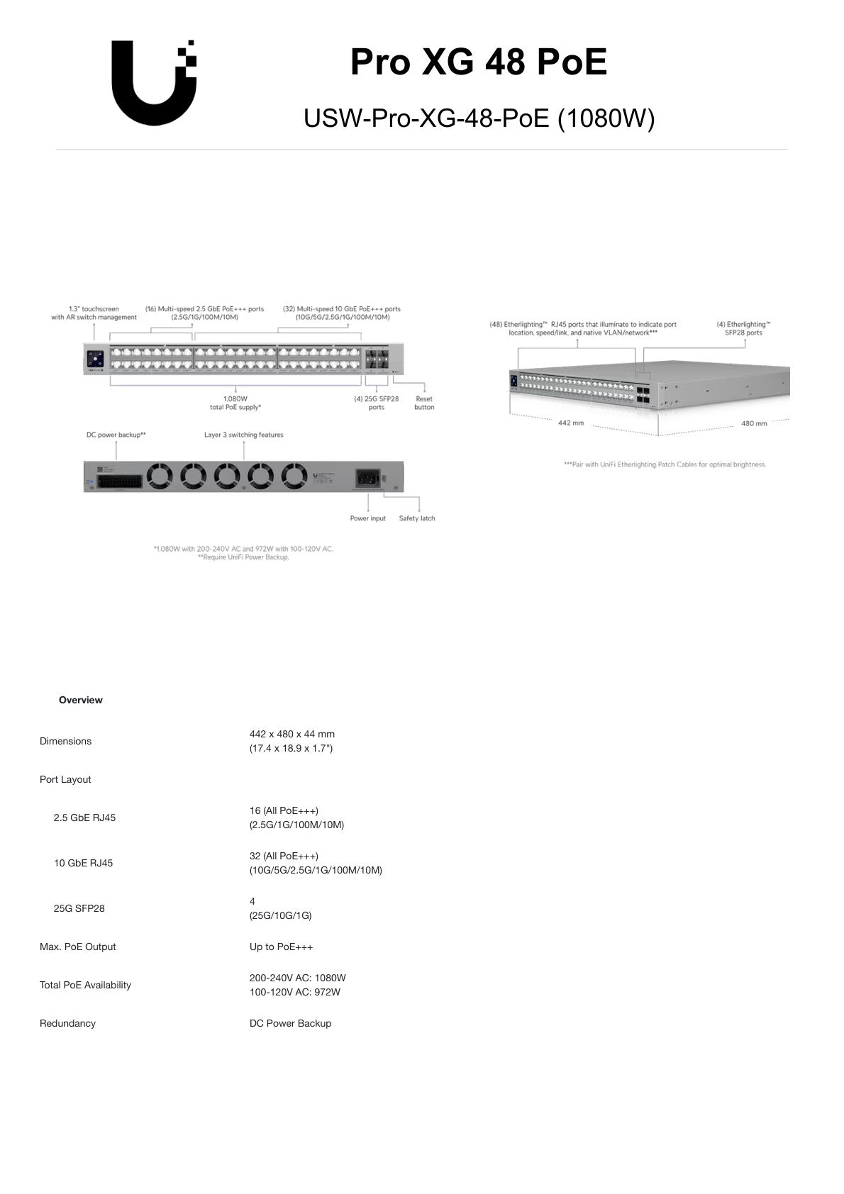 Ubiquiti UniFi Pro XG Switch 32 x 10Gbps 16 x 2.5Gbps PoE+++ 2SFP28 1080W