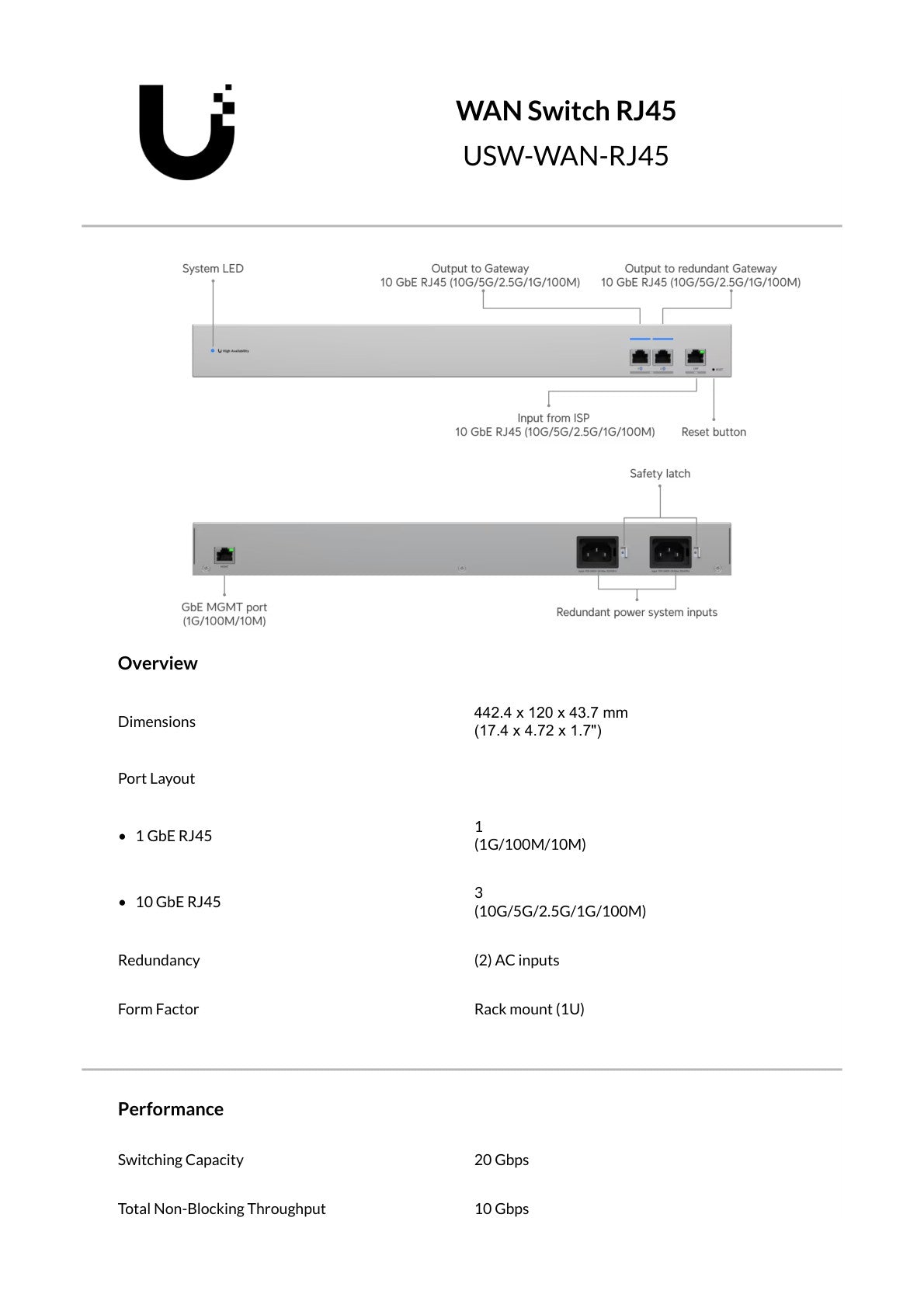 Ubiquiti UniFi WAN Switch RJ45 3x10Gbps Ethernet Ports