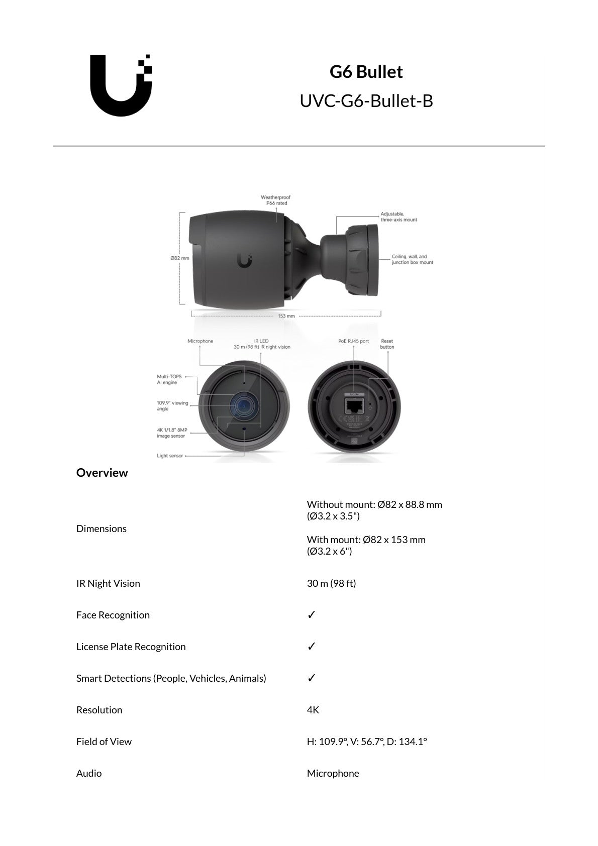 Ubiquiti UniFi Protect G6 Bullet 8MP Black IP Camera