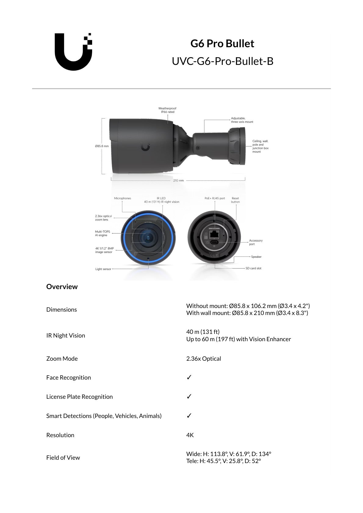 Ubiquiti UniFi Protect G6 Pro Bullet 8MP Black IP Camera