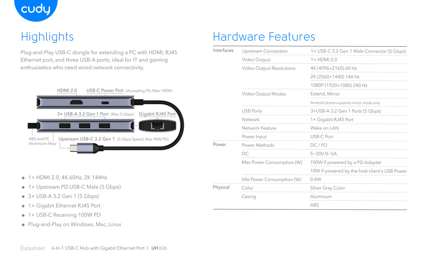 Cudy 6-in-1 4K 60Hz HDMI USB-A and USB-C Gigabit Ethernet Hub