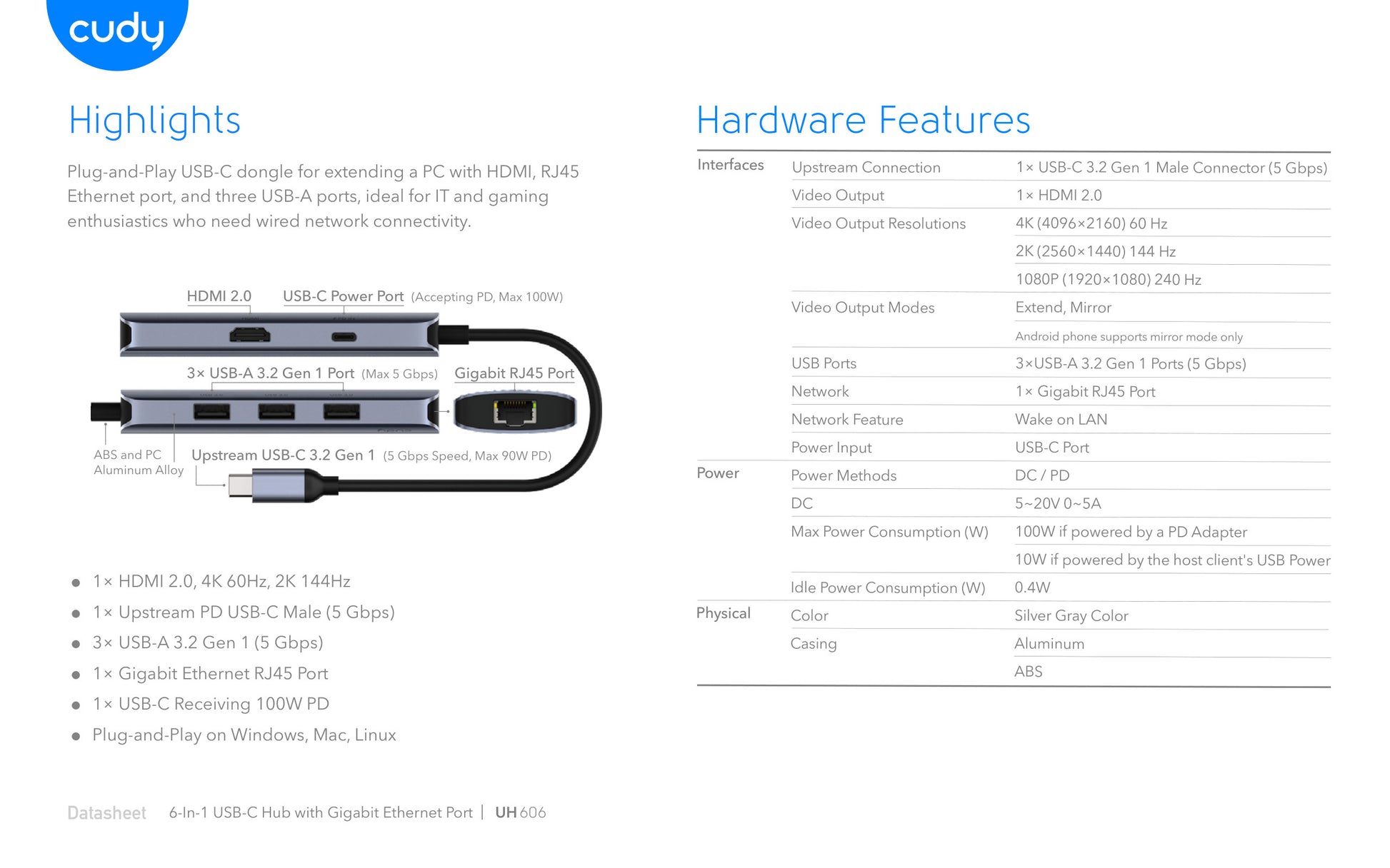 Cudy 6-in-1 4K 60Hz HDMI USB-A and USB-C Gigabit Ethernet Hub