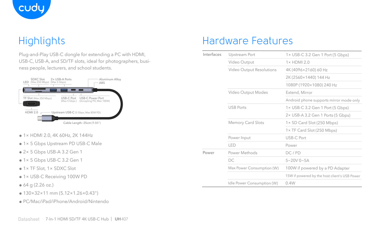 Cudy 7-in-1 4K 60Hz HDMI USB-A and USB-C Hub