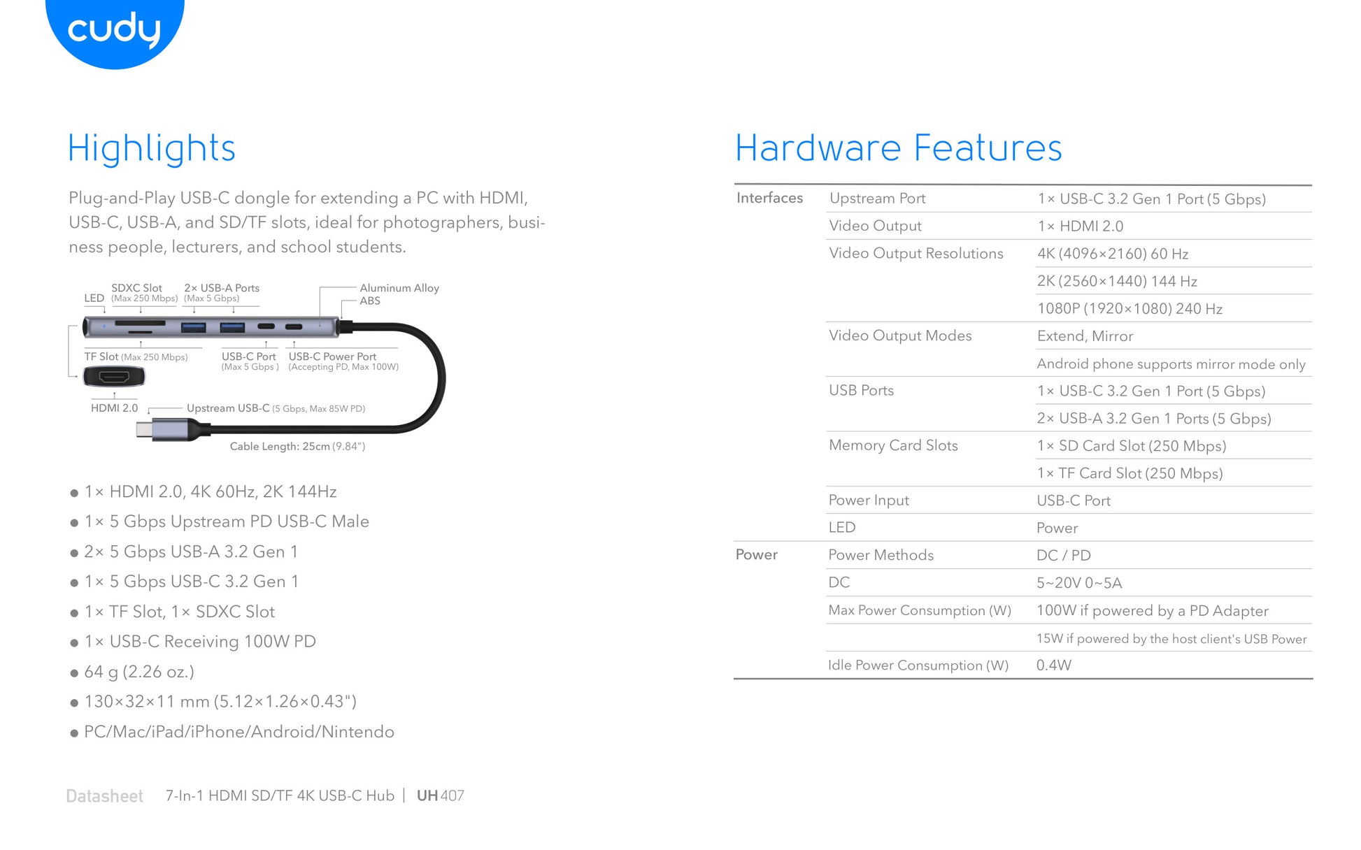 Cudy 7-in-1 4K 60Hz HDMI USB-A and USB-C Hub
