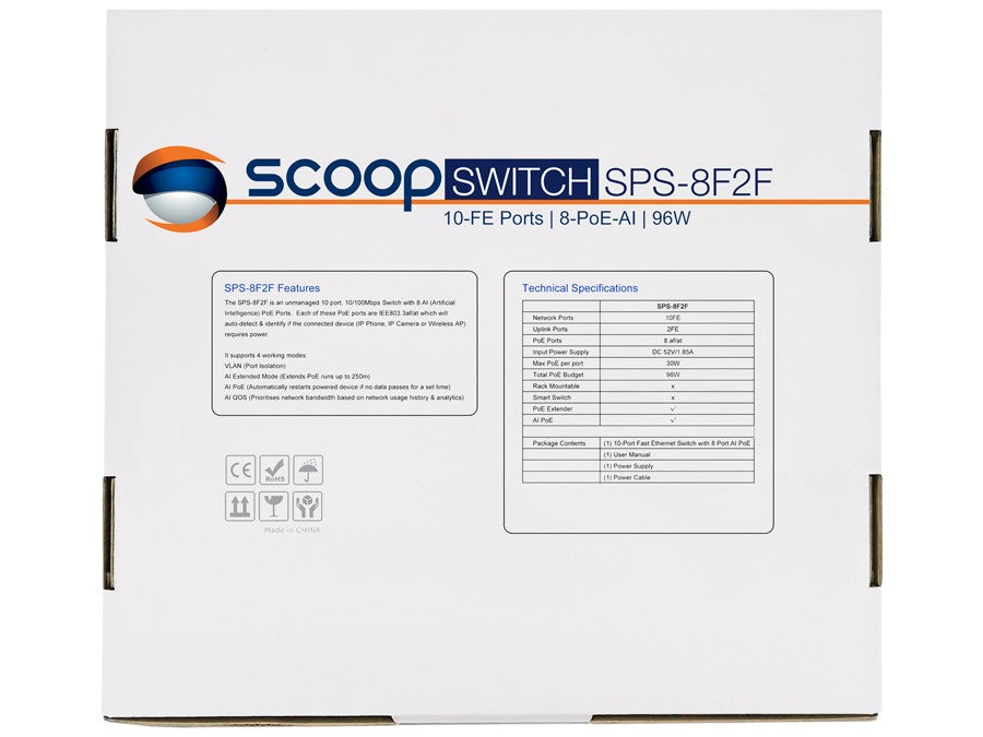 Scoop 10 Port Fast Ethernet 8 PoE 96W Switch