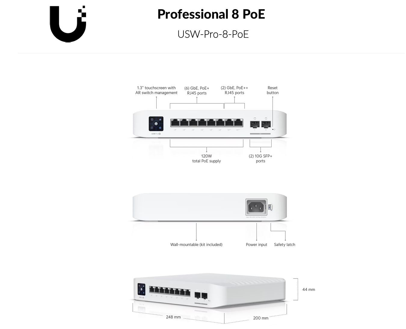 Ubiquiti UniFi Switch Pro 8 Port 6PoE+ 2PoE++ 120W | USW-Pro-8-PoE (120W)