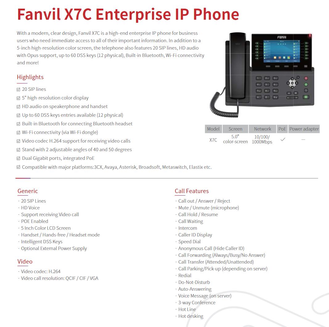 Fanvil 20SIP Gigabit Bluetooth PoE Video VoIP Phone | X7C