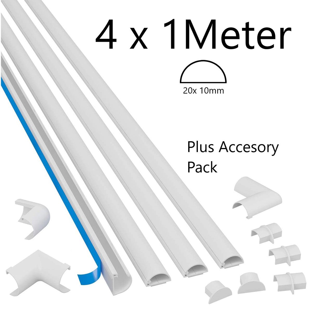 D-Line: 4 x 1m Half Round Cable Trunking Kit 20x10mm + Accessories: White