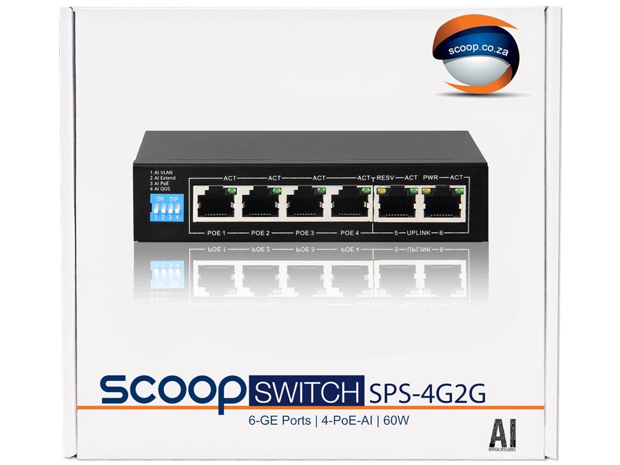 Scoop 6 Port Gigabit 4 AI PoE 60W Switch