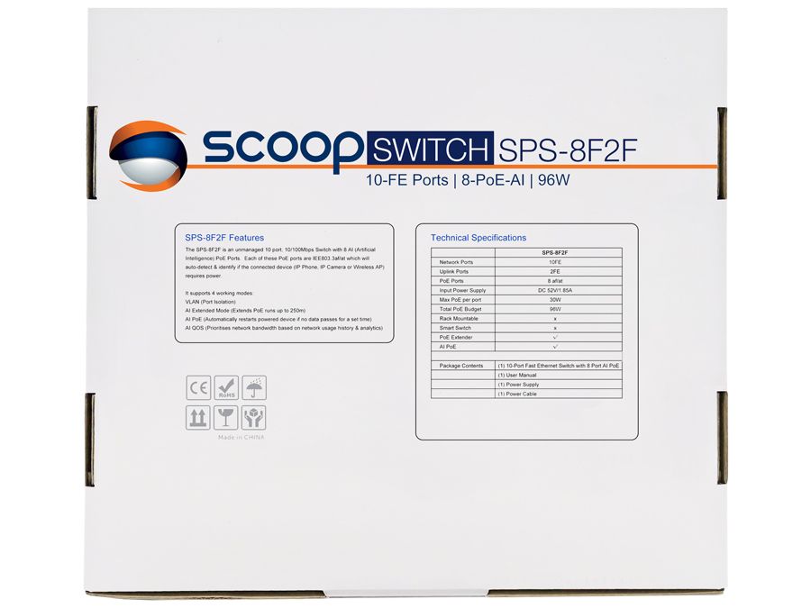 Scoop 10 Port Fast Ethernet 8 AI PoE 96W Switch