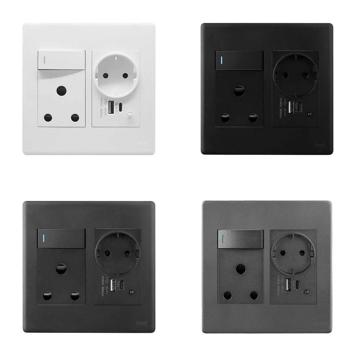 Synerji Deco wall socket in White, Matt Black, Graphite and Matt Grey