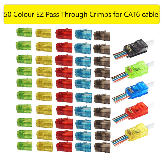 EZ Pass Through Cat6 RJ45 Connectors (50 in a pack) Multi Colour