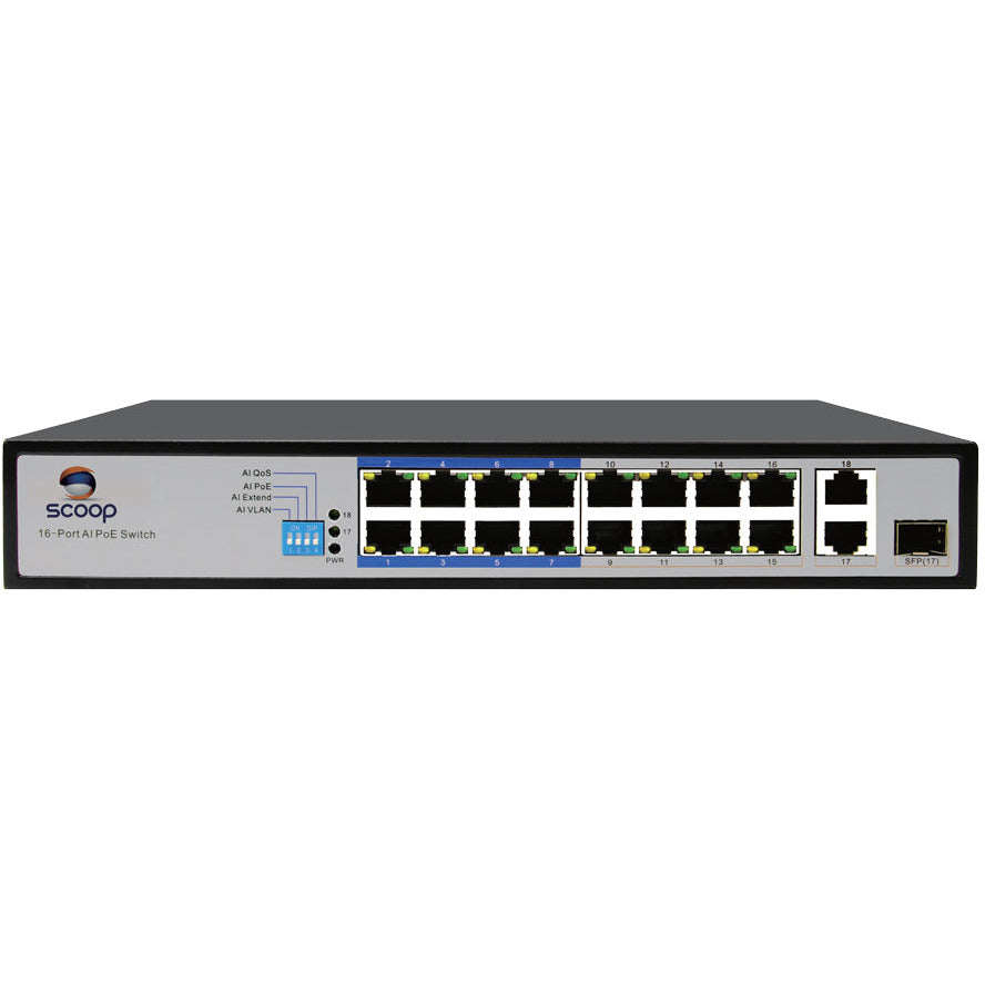 Scoop 16 Port Fast Ethernet AI PoE 150W 2 Gigabit 1SFP Switch