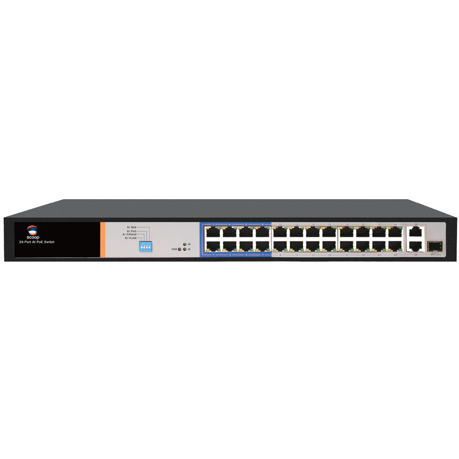 Scoop 24 Port Fast Ethernet AI PoE 250W 2 Gigabit 1SFP Switch